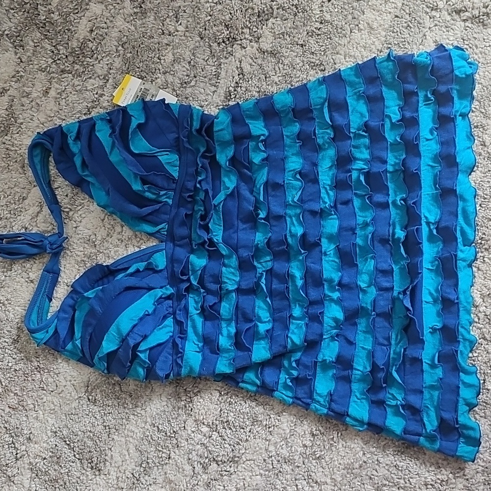 Perry Ellis Women's Halter Tankini Blue/Aqua Blue Ruffle Swimsuit Top